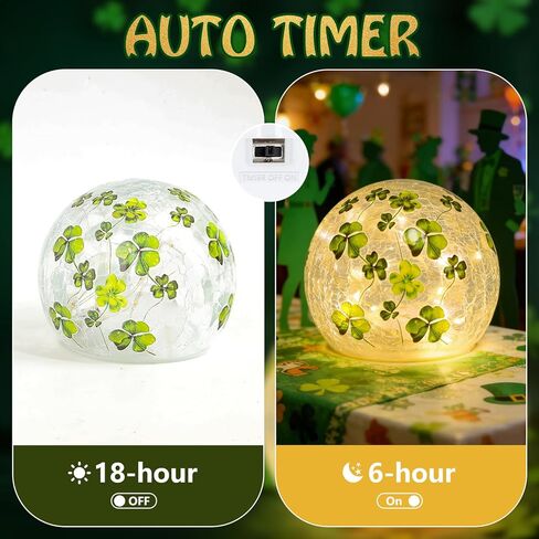 زينة عيد القديس باتريك، مجموعة من 2 مصباح كروي زجاجي مضيء مع مؤقت، أضواء ليلية على شكل كرة البرسيم الأخضر للمنزل قطع مركزية للطاولة الداخلية، رف، ديكور الحفلات الاحتفالية in Kuwait