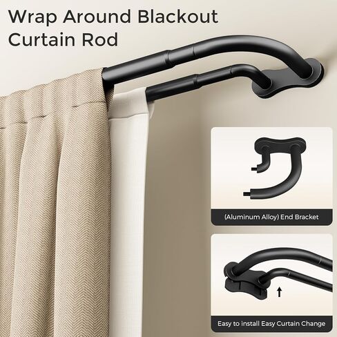 قضيب ستارة مزدوج، التفاف أسود حول قضبان ستائر مزدوجة للتعتيم للنوافذ من 48 إلى 84 بوصة، قضبان مزدوجة منحنية شديدة التحمل قابلة للتعديل لتعتيم الغرفة، جميع المعادن، دعامة من الألومنيوم in Kuwait