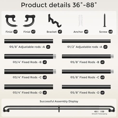 قضيب ستارة مزدوج، التفاف أسود حول قضبان ستائر مزدوجة للتعتيم للنوافذ من 48 إلى 84 بوصة، قضبان مزدوجة منحنية شديدة التحمل قابلة للتعديل لتعتيم الغرفة، جميع المعادن، دعامة من الألومنيوم in Kuwait