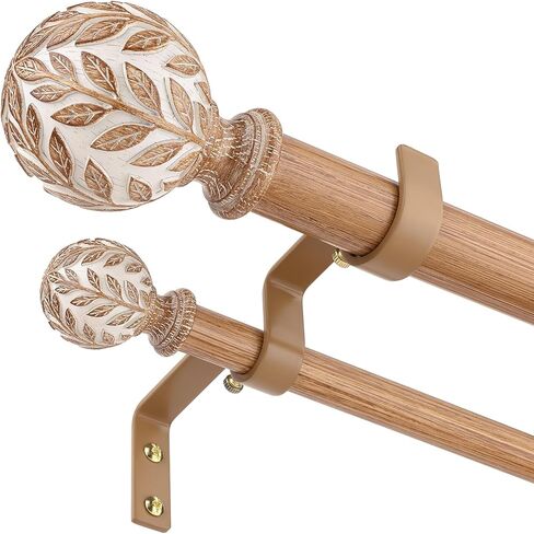 Wood Double Curtain Rod, Boho Decorative Long Dual Curtain Rods for Windows 84 to 120 Inch, 1" Adjustable Heavy Duty Double Rod, Unique Handmade Imitation Wood Grain Leaf Finial Design in Kuwait