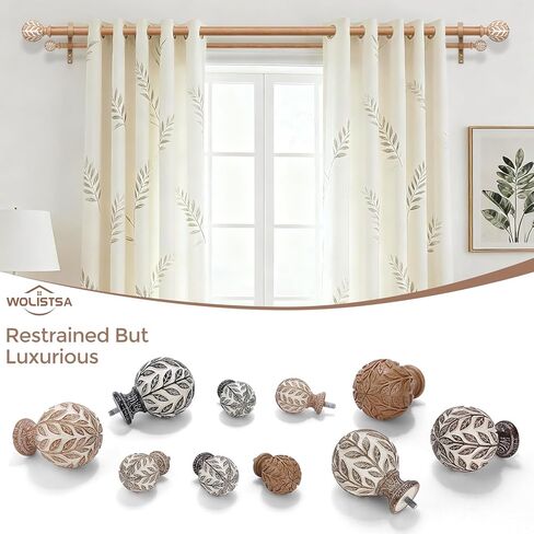Wood Double Curtain Rod, Boho Decorative Long Dual Curtain Rods for Windows 84 to 120 Inch, 1" Adjustable Heavy Duty Double Rod, Unique Handmade Imitation Wood Grain Leaf Finial Design in Kuwait