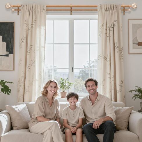 Wood Double Curtain Rod, Boho Decorative Long Dual Curtain Rods for Windows 84 to 120 Inch, 1" Adjustable Heavy Duty Double Rod, Unique Handmade Imitation Wood Grain Leaf Finial Design in Kuwait