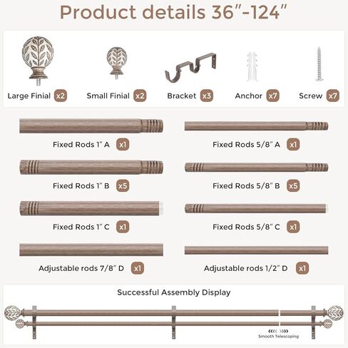 قضيب ستارة مزدوج، قضبان ستائر مزدوجة طويلة مزخرفة من خشب بوهو للنوافذ من 84 إلى 120 بوصة، قضيب مزدوج عالي التحمل قابل للتعديل، تصميم نهائي مصنوع يدويًا من أوراق الخشب المحببة in Kuwait