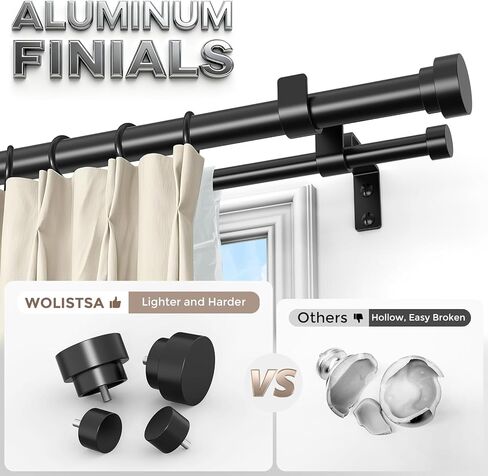 قضيب ستارة مزدوج، قضبان ستائر مزدوجة سوداء بطول إضافي 2.54 سم من 72 إلى 144 بوصة مع غطاء نهاية حديث من الألومنيوم، قضبان معالجة النوافذ شديدة التحمل قابلة للتعديل، مجموعة عمود ستائر معدنية تلسكوبية مزدوجة in Kuwait