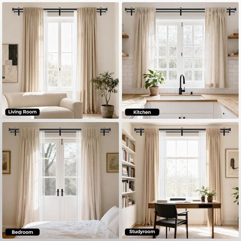 قضيب ستارة مزدوج، قضبان ستائر مزدوجة سوداء بطول إضافي 2.54 سم من 72 إلى 144 بوصة مع غطاء نهاية حديث من الألومنيوم، قضبان معالجة النوافذ شديدة التحمل قابلة للتعديل، مجموعة عمود ستائر معدنية تلسكوبية مزدوجة in Kuwait