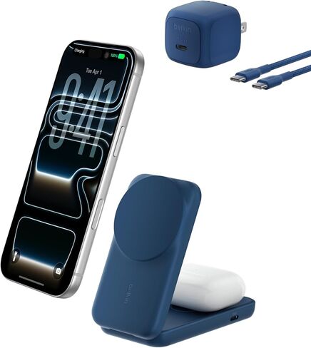 Belkin Magsafe Charger متوافق ، محطة شحن 2-in-1 ، QI2.2 25W Dock الشاحن اللاسلكي المغناطيسي ، حامل قابلة للطي ، مع منفذ USB-C 5W ، لـ iPhone 16/15/14 ، AirPods (محول 45 واط) in Saudi Arabia