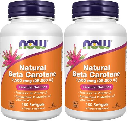 NOW Supplements، بيتا كاروتين طبيعي 25000 وحدة دولية، التغذية الأساسية، 180 كبسولة هلامية in Kuwait