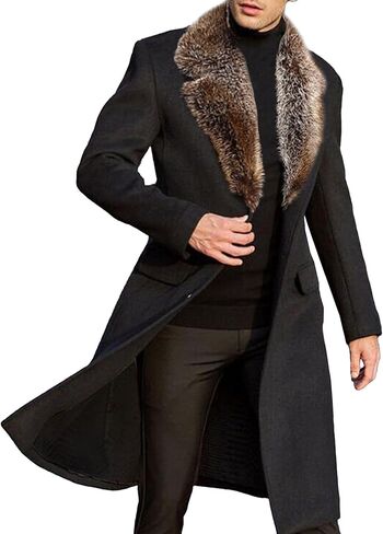 xxxiticat Men's Black Winter Jacket Removable Faux Fur Collar Trench Coat Single Breasted Notched Long Pea Coat Overcoat in Saudi Arabia