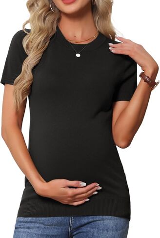 Women Maternity Blouse Sweater Pullover Outfits Stretchy Knit Short Sleeve Striped Summer Pregnancy Shirt in Saudi Arabia