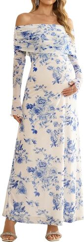 KUTUMAI Off Shoulder Strecth Maternity Dress Long Sleeve Floral Maxi Wedding Guest Pregnancy Baby Shower Photoshoot Dresses in Saudi Arabia