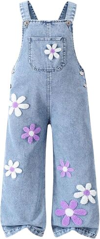 WDIRARA Girl's Cute Floral Denim Overalls Sleeveless Baggy Jumpsuit Jean Overall with Pockets in Saudi Arabia