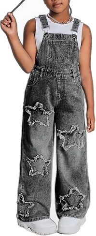 Girl's Wide Leg Denim Overalls Star Patchwork Adjustable Straps Baggy Jean Jumpsuits in Saudi Arabia