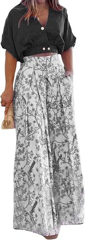 Womens Summer 2 Piece Lounge Sets Short Sleeve V Neck Tops Matching Print Wide Leg Pants Set Business Suit Outfits in Saudi Arabia