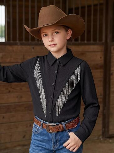 Girls Sparkly Fringe Button Down Shirt Western Cowgirl Long Sleeve Blouse Tops Country Concert Outfit 5-14 Years in Saudi Arabia