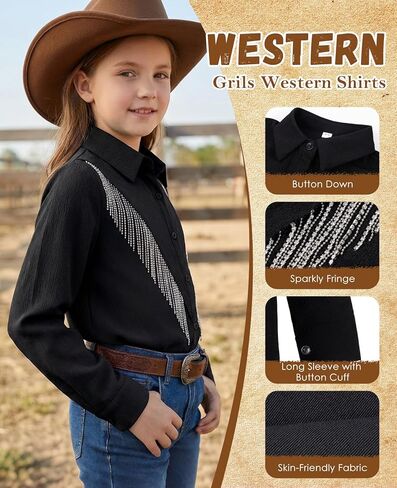 Girls Sparkly Fringe Button Down Shirt Western Cowgirl Long Sleeve Blouse Tops Country Concert Outfit 5-14 Years in Saudi Arabia