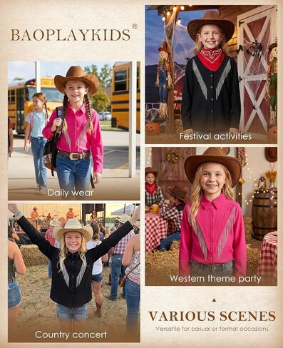 Girls Sparkly Fringe Button Down Shirt Western Cowgirl Long Sleeve Blouse Tops Country Concert Outfit 5-14 Years in Saudi Arabia