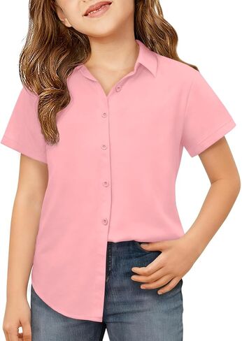 ZDC Girls Short Sleeve Dress Shirts Kids Summer School Uniform Button Down Shirt 5-14 Years in Saudi Arabia