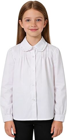 LOLANTA Girls Long Sleeve Uniform Shirt Kids Stretch Button Down Dress Shirts Stain Risistant Blouse with Peter Pan Collar in Saudi Arabia