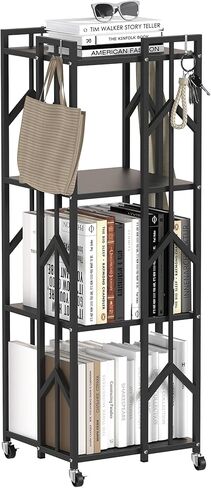 رف كتب دوار مربع مقاس 44x15x15 في 4 خزانة كتب دوارة مع عجلات وخطافات 360 درجة رف كتب معدني دوار زاوية رف تخزين قائم على الأرض لغرفة النوم وغرفة الدراسة (رمادي، 4 طبقات) in Kuwait