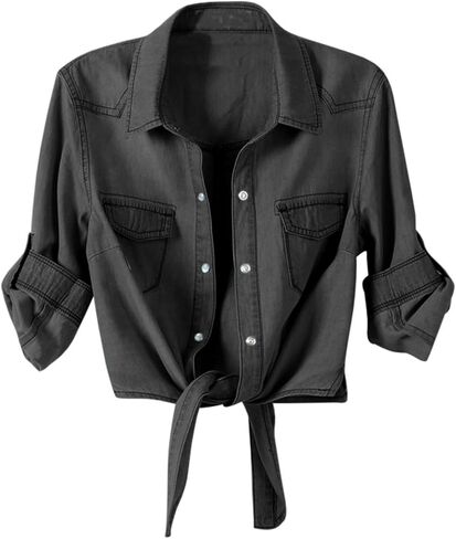 Girls Crop Top Tie Knot Spring Summer Casual Button Down Shirt Roll Up 3/4 Short Sleeve Teen Casual Blouse Outfits in Kuwait