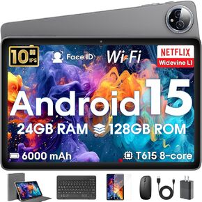 Android 15 Tablet 10 Inch ، 24GB RAM 128 ROM ، أقراص مع قلم الماوس في حالة لوحة المفاتيح ، 1 تيرابايت قابل للتوسيع ، أوكترا 6000 مللي أمبير في الساعة 1280 × 800 IPS HD ، 5G WiFi ، T615 CPU ، أداء عالي ، معالج ، كاميرا مزدوجة (رمادي) in Kuwait