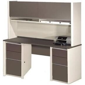 Atlin Designs Office Credenza and Hutch, Modular Design, 71.1" W x 23.4" D x 65.9" H, Melamine Finish, Sandstone & Slate, Includes 2 Pedestals, Wire Management, Ball-Bearing Slides, Commercial Grade in Saudi Arabia