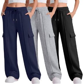 3 Pack Girls Cargo Sweatpants 5-14Y Wide Leg High Waisted Kids Baggy Drawstring Athletic Pants with 4 Pockets in Kuwait