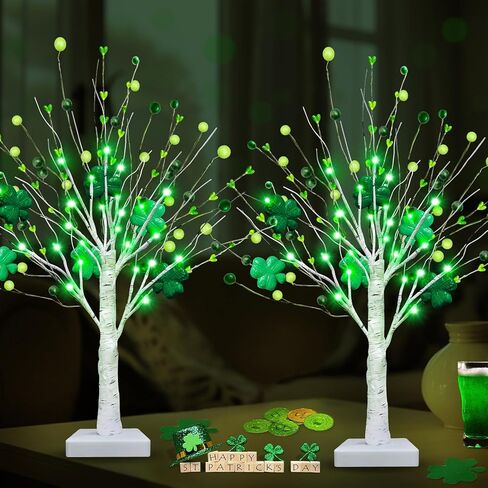 Prelit & Timer - St. Patrick's Day Decorations, 2 Pack 18 Inch St Patricks Day Tree Tabletop Lighted Birch Tree 24 LED Green Lights Shamrock Berries Battery Operated St. Patrick's Day Decor Home Party in Saudi Arabia