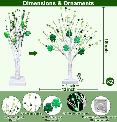 Prelit & Timer - St. Patrick's Day Decorations, 2 Pack 18 Inch St Patricks Day Tree Tabletop Lighted Birch Tree 24 LED Green Lights Shamrock Berries Battery Operated St. Patrick's Day Decor Home Party in Saudi Arabia