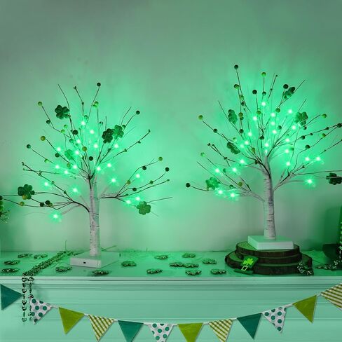 Prelit & Timer - St. Patrick's Day Decorations, 2 Pack 18 Inch St Patricks Day Tree Tabletop Lighted Birch Tree 24 LED Green Lights Shamrock Berries Battery Operated St. Patrick's Day Decor Home Party in Saudi Arabia