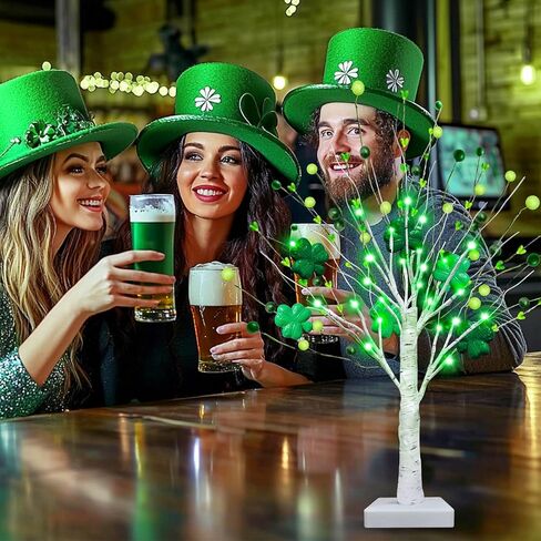 Prelit & Timer - St. Patrick's Day Decorations, 2 Pack 18 Inch St Patricks Day Tree Tabletop Lighted Birch Tree 24 LED Green Lights Shamrock Berries Battery Operated St. Patrick's Day Decor Home Party in Saudi Arabia