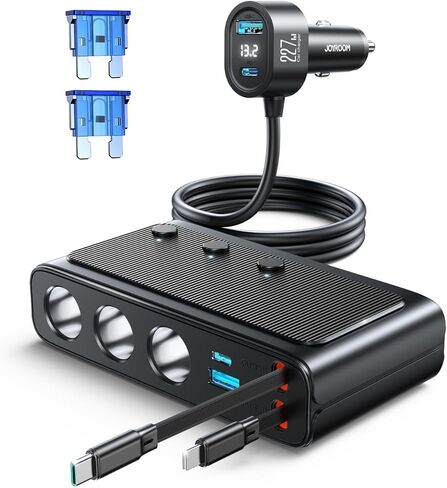 JOYROOM 9 في 1 ولاعة سجائر، شاحن سيارة مزدوج قابل للسحب 227 وات - 45 وات/24 فولت (36 وات/12 فولت) شاحن USB C سريع لهاتف iPhone 17/Samsung، محول ولاعة سجائر بمفاتيح مستقلة لأجهزة السيارة in Kuwait