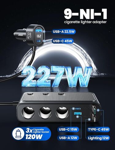 JOYROOM 9 في 1 ولاعة سجائر، شاحن سيارة مزدوج قابل للسحب 227 وات - 45 وات/24 فولت (36 وات/12 فولت) شاحن USB C سريع لهاتف iPhone 17/Samsung، محول ولاعة سجائر بمفاتيح مستقلة لأجهزة السيارة in Kuwait