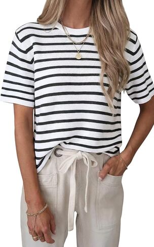 Allimy Womens Striped Color Block Lightweight Sweater Tops 2026 Summer Casual Loose Fit T-Shirt Blouses in Saudi Arabia