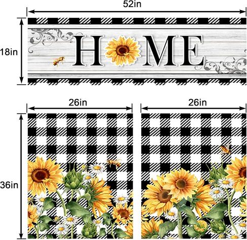 Sunflower Kitchen Curtains Short and Valance Set Black and White Buffalo Plaid Floral Dining Room Fabric Curtain Drapes Spring Summer Flowers Home Decor in Saudi Arabia