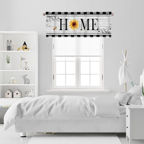 Sunflower Kitchen Curtains Short and Valance Set Black and White Buffalo Plaid Floral Dining Room Fabric Curtain Drapes Spring Summer Flowers Home Decor in Saudi Arabia