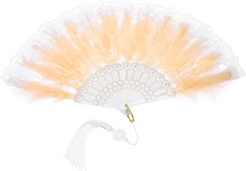 uxcell 1 Pcs Vintage Folding Fan, Embroidered Flower Marabou Feather Fans 20s Vintage Style Handheld Folding Fan for Dancing Wedding Show Party Tea Party Occasions, Champagne(Lace) in Saudi Arabia