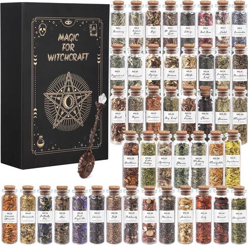 Witchcraft Supplies Herbs - 30 Bottles Dried Herbs Kit for Beginners - Altar Supplies Healing Herbal Natural Herbs Crystal Spoon for Wicca, Pagan Magic Spells and Bath in Kuwait