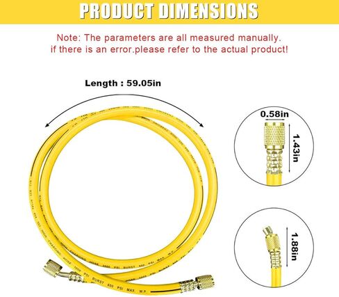 خرطوم شحن غاز التبريد R134A مقاس 59 بوصة، خرطوم شحن SAE Flare HVAC مقاس 1/4 بوصة مع ضغط عمل 600 رطل لكل بوصة مربعة، أنبوب تبريد تيار متردد لصيانة تكييف الهواء في السيارة والمنزل (أصفر) in Kuwait
