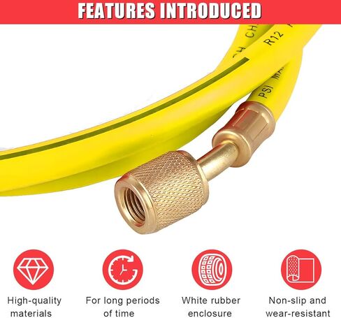 خرطوم شحن غاز التبريد R134A مقاس 59 بوصة، خرطوم شحن SAE Flare HVAC مقاس 1/4 بوصة مع ضغط عمل 600 رطل لكل بوصة مربعة، أنبوب تبريد تيار متردد لصيانة تكييف الهواء في السيارة والمنزل (أصفر) in Kuwait