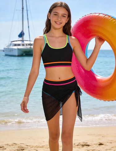Teen Girls Swimsuit Color Block Sporty Bikini Sets with Cover Up Skirt 3 Piece Bathing Suit Size 7-16 Years in Saudi Arabia