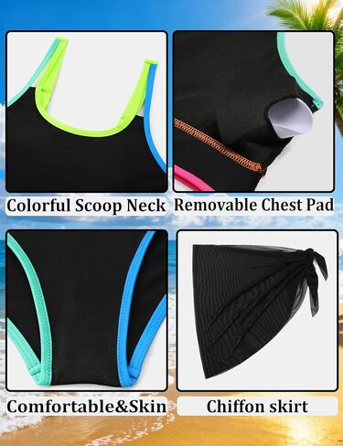 Teen Girls Swimsuit Color Block Sporty Bikini Sets with Cover Up Skirt 3 Piece Bathing Suit Size 7-16 Years in Saudi Arabia