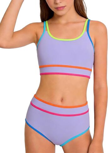 Teen Girls Swimsuit Color Block Sporty Bikini Sets with Cover Up Skirt 3 Piece Bathing Suit Size 7-16 Years in Saudi Arabia