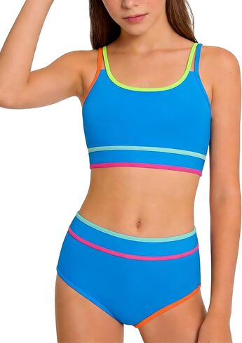 Teen Girls Swimsuit Color Block Sporty Bikini Sets with Cover Up Skirt 3 Piece Bathing Suit Size 7-16 Years in Saudi Arabia