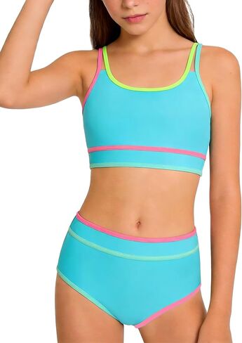 Teen Girls Swimsuit Color Block Sporty Bikini Sets with Cover Up Skirt 3 Piece Bathing Suit Size 7-16 Years in Saudi Arabia
