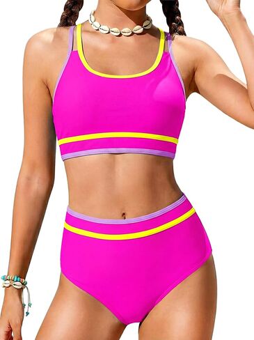 HOZIY Tween Girls Bikini Sets Sporty Color Block Two Piece Adjustable Straps Swimsuits with Chest Pad Size 10-18 Years in Saudi Arabia