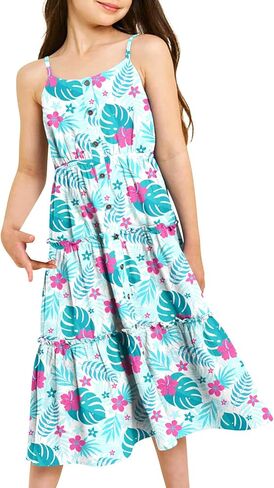 Enlifety Girls Summer Casual Dress Ruffle Pleated Tiered Dresses Spaghetti Straps Twirl Swing Sundress Size 6-12T in Kuwait