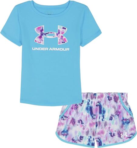 طقم تي شيرت وشورت بأكمام قصيرة للفتيات من Under Armour، خفيف الوزن ومريح، مطبوع باللون الأزرق فريسكو، 3T in Saudi Arabia