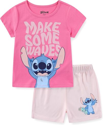 طقم تي شيرت بأكمام قصيرة للفتيات من Disney Lilo & Stitch وشورت شبكي مكون من قطعتين للأطفال الكبار in Saudi Arabia