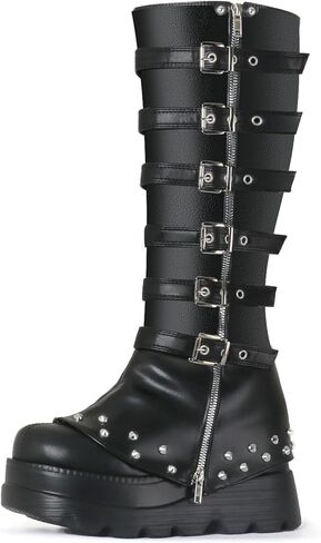FIFSY Women's Knee High Boots Goth Platform Buckle Boots Punk Wedge Chunky Heels Boots Cosplay Party Costume Booties in Saudi Arabia
